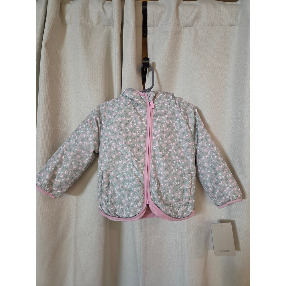 Hunter Kids Floral Hooded Puffer Jacket Sage Green Pink Faux Fur Lined 2T NWT